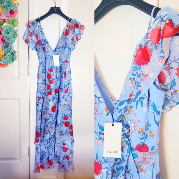 New BARDOT Chiffon Floral Print Maxi Dress XS Midi Slit Ruffle - Picture 3 of 13